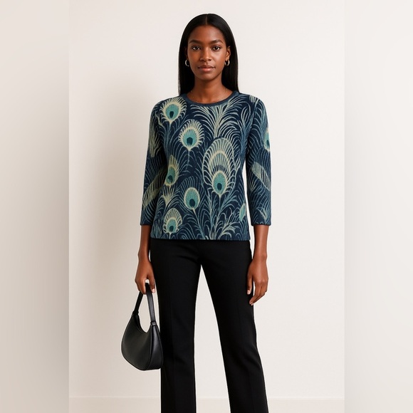Talbots Petite Pure Cashmere Sweater Peacock Feather Print Quiet Luxury Size SP - Picture 1 of 15